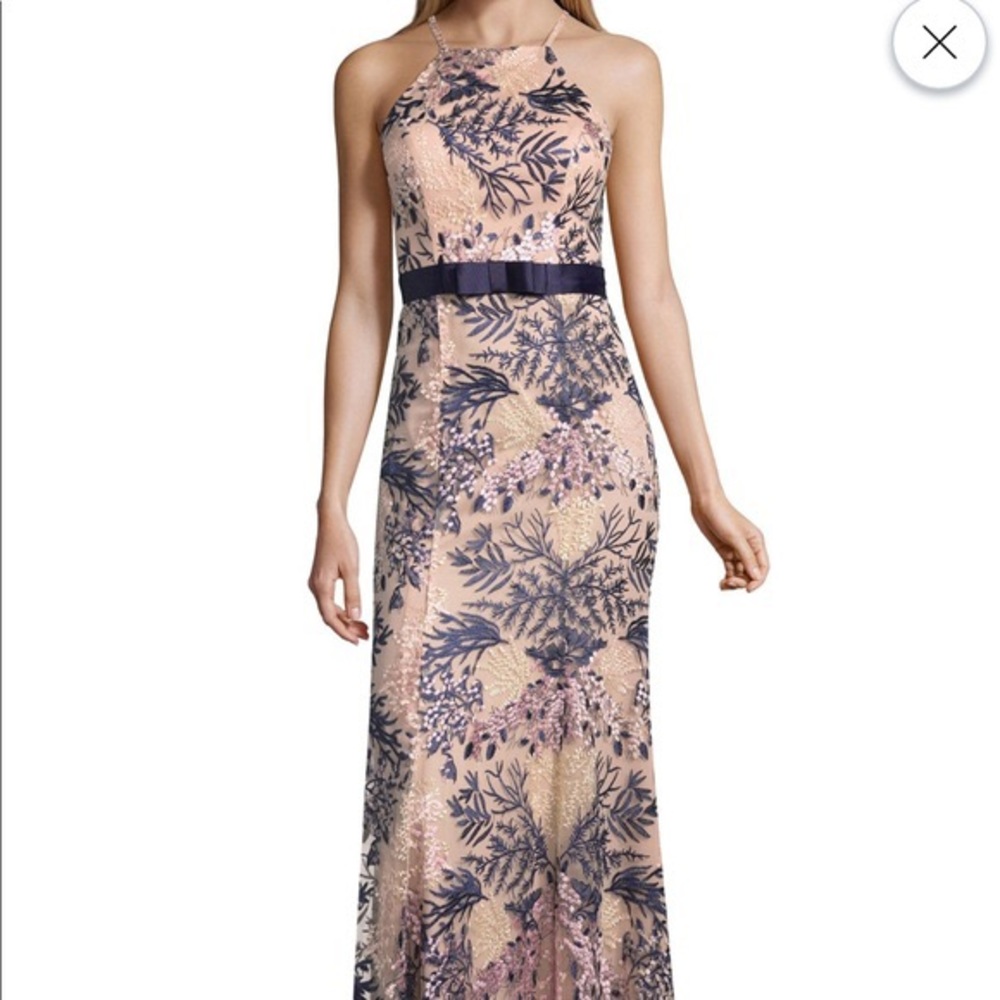 Pink and Navy Floral Prom Dress